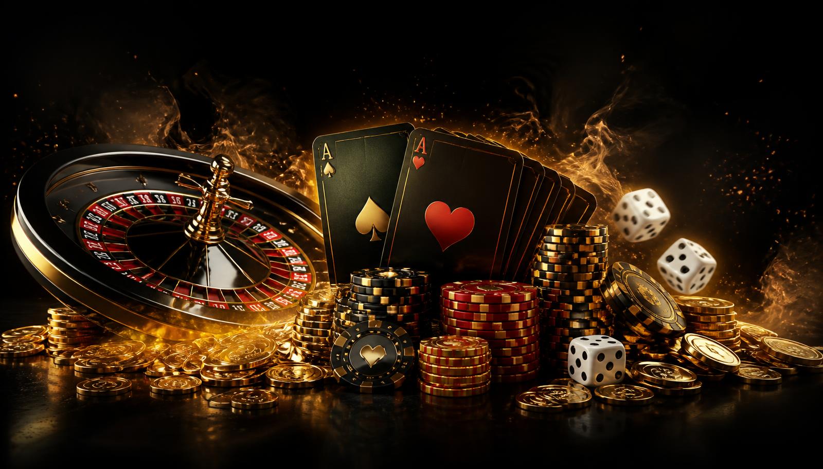 Roulette wheel, playing cards, casino chips and gold coins on a dark table
